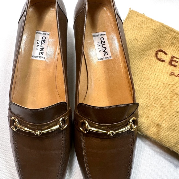 Vintage CELINE Brown Leather Loafer Pumps Gold Hardware Size 37.5 (37-1/2) US-7 - Picture 2 of 16
